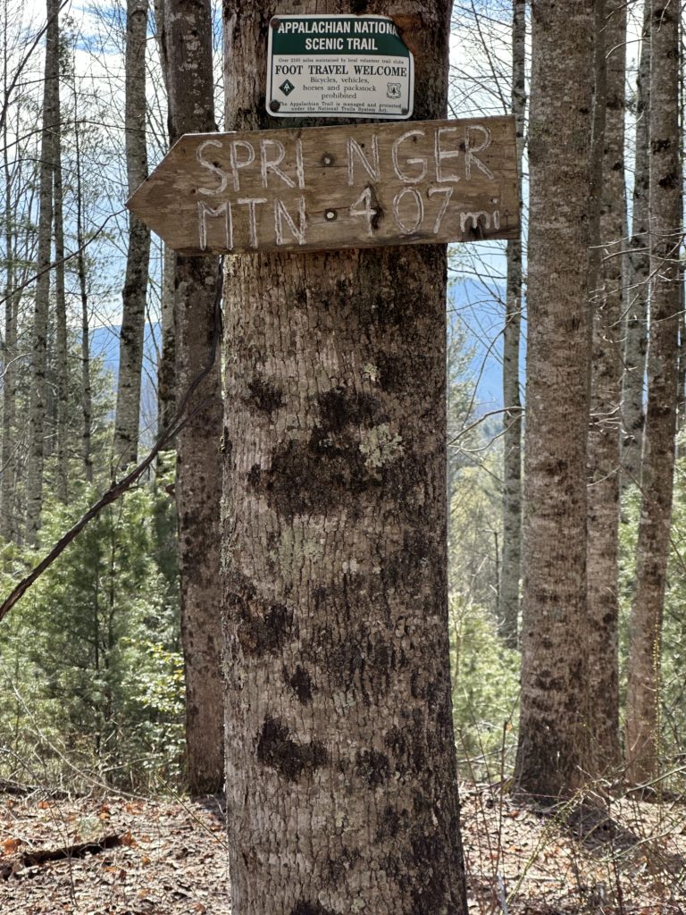 A sign in East TN pointing to Springer Mtn Georgia. Eremos Multi Day Backpacking Experiences frequent this trail.