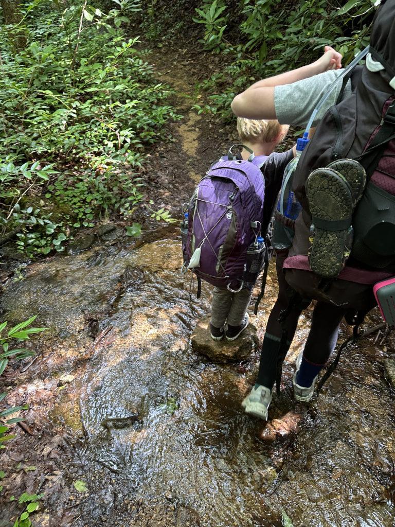 Two young hikers crossing a small stream in the laurels.